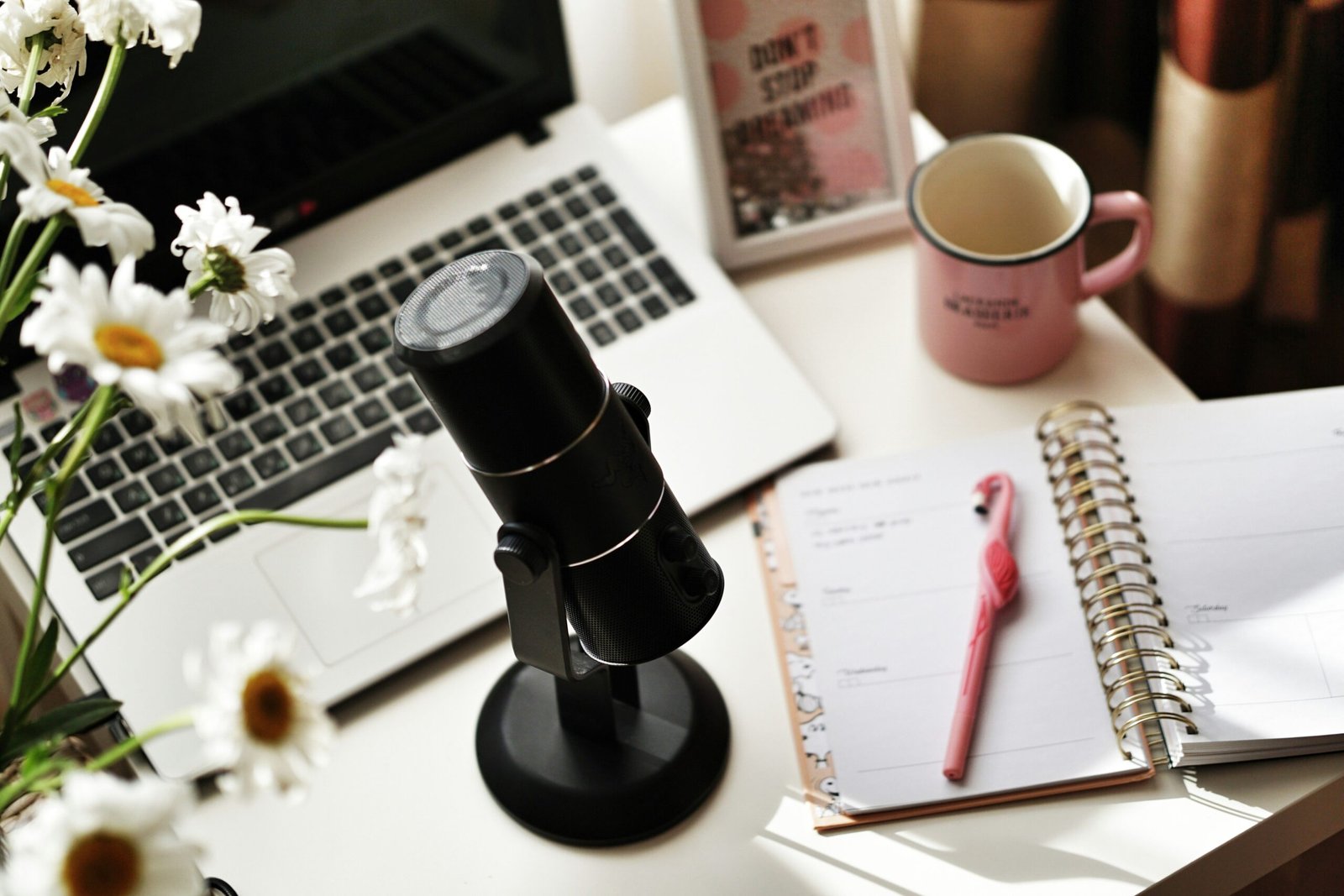 Laptop, Microphone, and Notebook